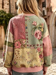 Selamara Boho Print Vintage Bohemian V-Neck Long Sleeve Top, Loose Slimming T-Shirt, Daily Wear, Spring/Autumn Printed Blouse Vacation Pink Floral - Multicolor - View 2