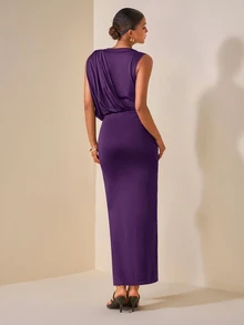 Zivah Summer Elegant Purple And Gold Women Knitted Long Dress, Dining Wedding Birthday High-End Party Round Neck One Shoulder Hip Pleated Side Cut Dress - Purple - View 3