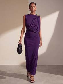 Zivah Summer Elegant Purple And Gold Women Knitted Long Dress, Dining Wedding Birthday High-End Party Round Neck One Shoulder Hip Pleated Side Cut Dress - Purple - View 2