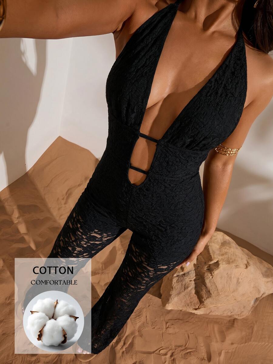 Opulessa 女款純色深V領對比蕾絲性感掛脖連身褲 - 黑色 - 查看 1