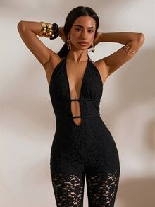 Opulessa Women's Solid Color Deep V-Neck Contrast Lace Sexy Halter Jumpsuit - Black - View 3
