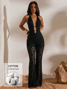 Opulessa Women's Solid Color Deep V-Neck Contrast Lace Sexy Halter Jumpsuit - Black - View 1