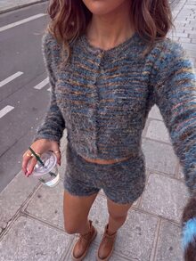 Glamine Grey Plush Round Neck Button Long Sleeve Top And Shorts 2 Pieces Set Night Out Date Night Fall Casual - Multicolor - View 8