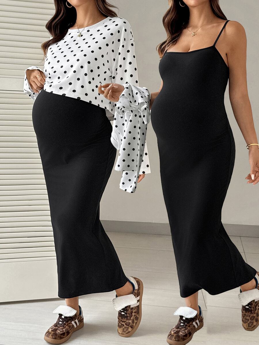 SHEIN Maternity Polka Dot Long Sleeve Top And Solid Color Spaghetti Strap Dress Casual 2 Pieces Set - Black and White - View 1