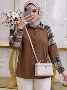 Lacomfia Casual Minimalist Solid Color Jacquard Patchwork Plaid Print Shirt Collar Shoulder Sleeve Loose Regular Fit Plus Size Shirt, Suitable For Commuting And Daily Wear, Autumn/Winter - Brown - View 3