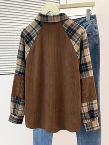 Lacomfia Casual Minimalist Solid Color Jacquard Patchwork Plaid Print Shirt Collar Shoulder Sleeve Loose Regular Fit Plus Size Shirt, Suitable For Commuting And Daily Wear, Autumn/Winter - Brown - View 2