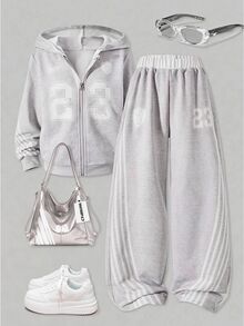 SHEIN Young Girl Young Girl 2 Pieces Casual Set Long Sleeve Sweatshirt With Digital Print Grey Loose Straight Leg Pants Autumn/Winter,Fall,Fall Clothes Kids - Light Grey - View 6