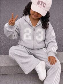 SHEIN Young Girl Young Girl 2 Pieces Casual Set Long Sleeve Sweatshirt With Digital Print Grey Loose Straight Leg Pants Autumn/Winter,Fall,Fall Clothes Kids - Light Grey - View 8