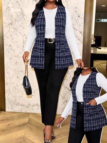 SHEIN Lady Plus Size Gothic Business Casual Elegant Blue Check Plaid Vest Summer Office Formal Wedding Guest - Navy Blue - View 1