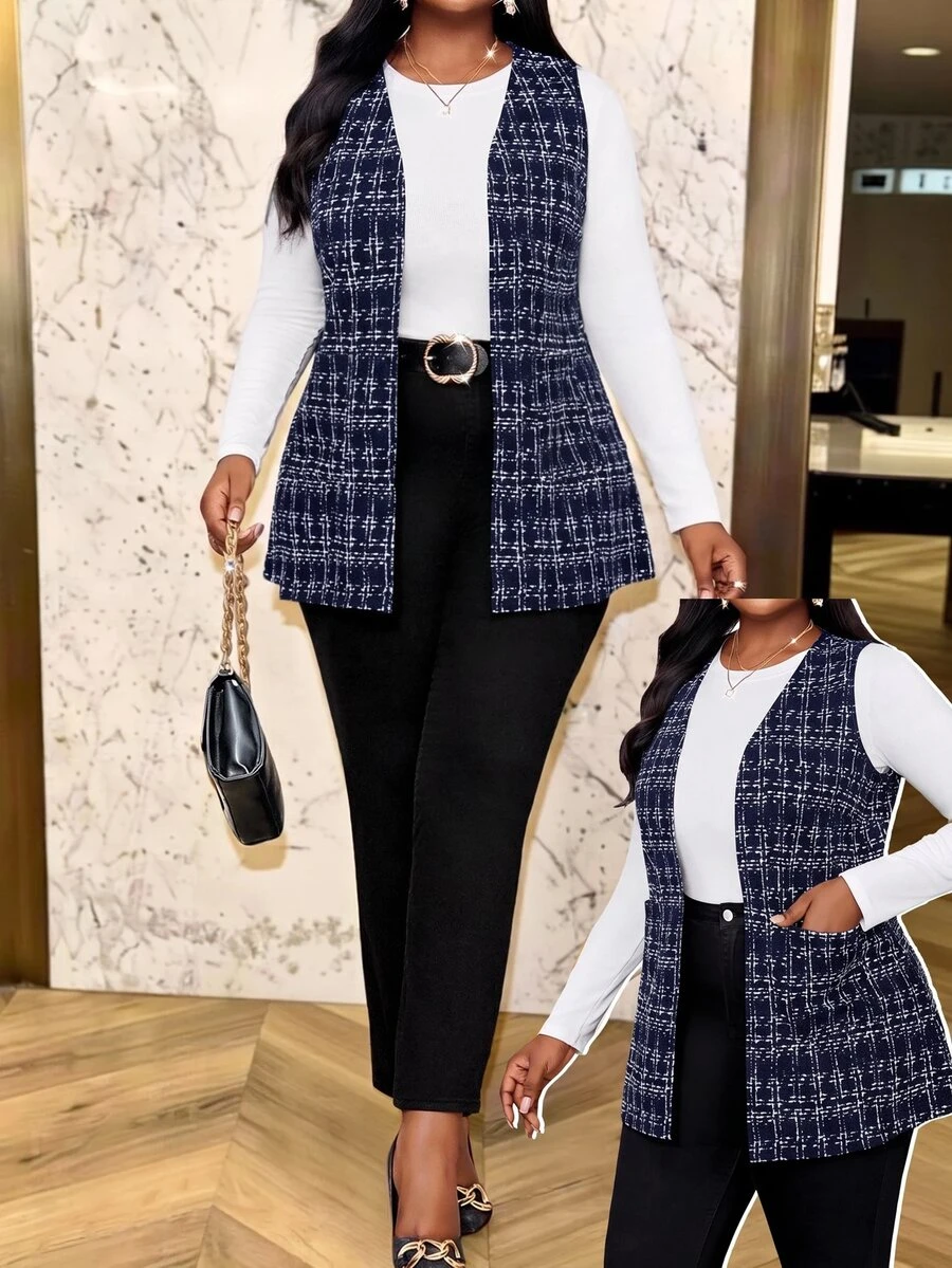 SHEIN Lady Plus Size Gothic Business Casual Elegant Blue Check Plaid Vest Summer Office Formal Wedding Guest - Navy Blue - View 1