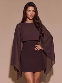 SHEIN BAE Fall Winter Dark Coffee Brown Boat Neck Cape Sleeve Loose Draped Bodycon Mini Dress Short Dresses Thanksgiving Party Night Out - Brown - View 1