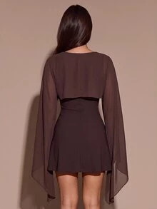 SHEIN BAE Fall Winter Dark Coffee Brown Boat Neck Cape Sleeve Loose Draped Bodycon Mini Dress Short Dresses Thanksgiving Party Night Out - Brown - View 2