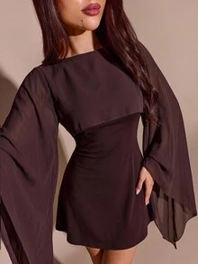 SHEIN BAE Fall Winter Dark Coffee Brown Boat Neck Cape Sleeve Loose Draped Bodycon Mini Dress Short Dresses Thanksgiving Party Night Out - Brown - View 3
