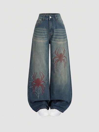 SHEIN ICON Plus Size Women Halloween Spider Web Spider Rhinestone High Waist Wide Leg Jeans Fall Y2K Blue Sparkly Loose Denim Pants Christmas Party