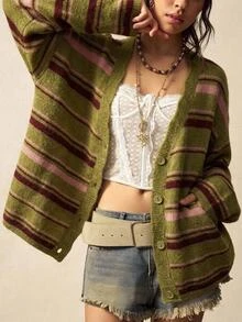 Bohemela 對比條紋圖案落肩寬鬆復古休閒針織開襟衫 早午餐綠條紋秋季款 - 綠色 - 查看 8