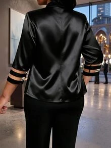 SHEIN Lady CURVE Women Plus Size Patchwork Blazer - Black - View 2