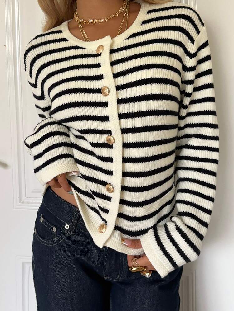 CovetEZ New Fall Old Money French Casual Women's Relaxed Fit Knit Cardigan In Black And White Striped Design With Wrist-Length Sleeves Everyday Brunch - Multicolor - View 5