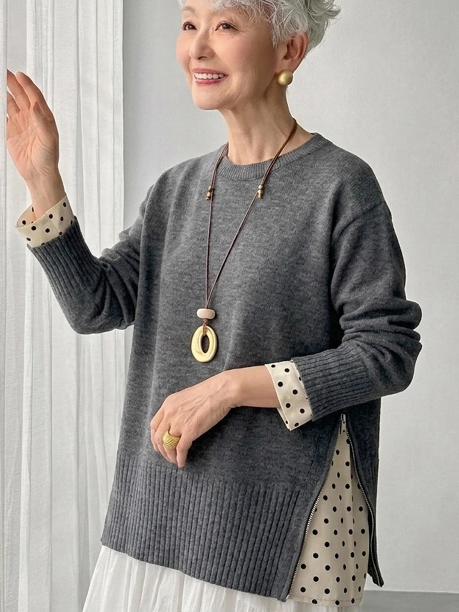 FRIFUL Women's Colorblock Casual Matching Versatile Daily Wear Sweater Everyday Family Gray Fall - Grey - View 1