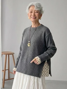 FRIFUL Women's Colorblock Casual Matching Versatile Daily Wear Sweater Everyday Family Gray Fall - Grey - View 4