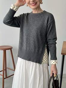 FRIFUL Women's Colorblock Casual Matching Versatile Daily Wear Sweater Everyday Family Gray Fall - Grey - View 6