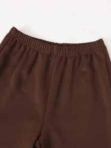 SHEIN 青少年女孩長袖抓絨連帽衫短褲兩件套 80年代運動風 寬鬆針織 開學季秋季服飾 米色巧克力棕色 假日款 - 彩色 - 查看 8