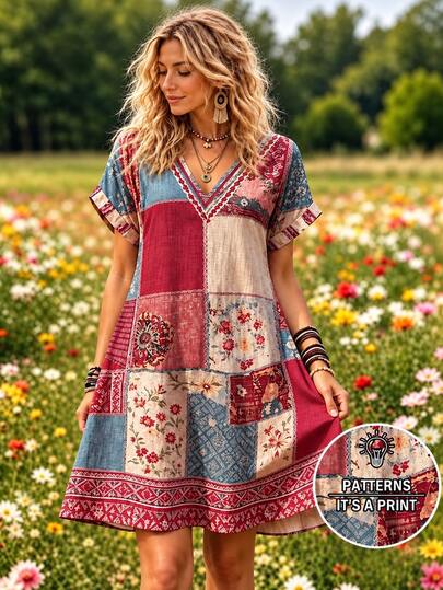 Selamara Bohemian Pastoral Patchwork Floral Print Short Dress, V-Neck Loose Short Sleeve Cover-Up Dress, Plus Size Casual Skirt For Countryside And Beach Vacation
