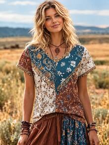 Selamara Women's Floral Print V-Neck Short Sleeve Casual Tropical Boho Versatile T-Shirt Vacation Brown And Teal Summer - Multicolor - View 1