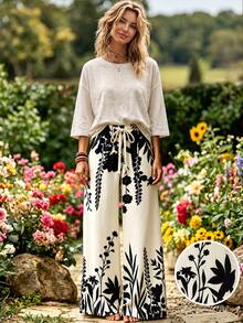 Selamara Bohemian Style Khaki Daisy Embroidered Look Pants, High Waist Elastic Waist Loose Flowy Wide Leg Trousers, Vintage Countryside Vibe For Summer - Multicolor - View 1