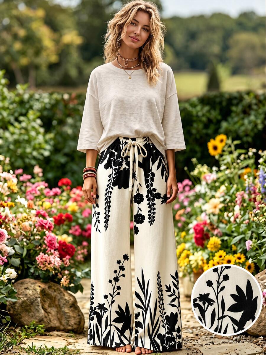 Selamara Bohemian Style Khaki Daisy Embroidered Look Pants, High Waist Elastic Waist Loose Flowy Wide Leg Trousers, Vintage Countryside Vibe For Summer - Multicolor - View 1