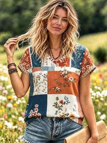 Selamara American Retro Patchwork Floral V-Neck Short Sleeve T-Shirt For Women, Summer Bohemian Style Loose Casual Top - Multicolor - View 1