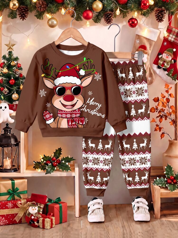 Infant Toddler Round Neck Long Sleeve Sweatshirt And Pants Casual Comfortable Set, Classic Cute Christmas Snowman Pattern Print, Classic Santa Claus Pattern Print, Classic Christmas Gingerbread Man, Classic Christmas Gift, Classic Christmas Tree, Classic Christmas Stocking, Christmas Candy Pattern Print, Suitable For Christmas - Multicolor - View 6