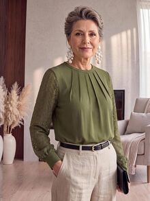 Miaspire Chic Mature Elegant, Patchwork Mesh Lace,Chiffon Fabric, Olive Dark Green, Regular Fit, Business Meeting Party, Christmas, Autumn Winter Fall - Army Green - View 7