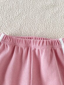 SHEIN 女童2件套，蝴蝶結裝飾，側縫配色條紋裝飾，寬腿褲，可愛簡約嬰兒休閒運動度假生日白色秋季 - 粉色 - 查看 7