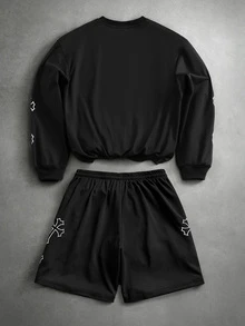 PAVTROS Men's Cross Print Pullover Sweatshirt And Shorts Set Vacation Holiday Black Autumn Streetwear - Black - View 6