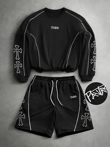 PAVTROS Men's Cross Print Pullover Sweatshirt And Shorts Set Vacation Holiday Black Autumn Streetwear - Black - View 5