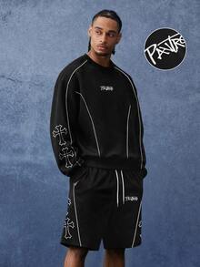 PAVTROS Men's Cross Print Pullover Sweatshirt And Shorts Set Vacation Holiday Black Autumn Streetwear - Black - View 1