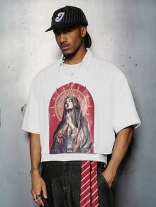 PAVTROS Camisa de manga corta con botones y estampado de figura para hombre - Blanco - Ver 8