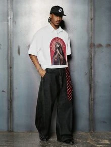 PAVTROS Camisa de manga corta con botones y estampado de figura para hombre - Blanco - Ver 4