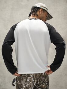 PAVTROS Men's Colorblock Crew Neck Raglan Sleeve Long Sleeve T-Shirt - Letter And Cross Print, Suitable For Daily Life, Travel And Vacation Wear - Black and White - View 3