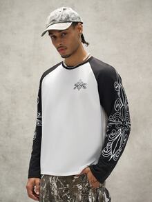 PAVTROS Men's Colorblock Crew Neck Raglan Sleeve Long Sleeve T-Shirt - Letter And Cross Print, Suitable For Daily Life, Travel And Vacation Wear - Black and White - View 2