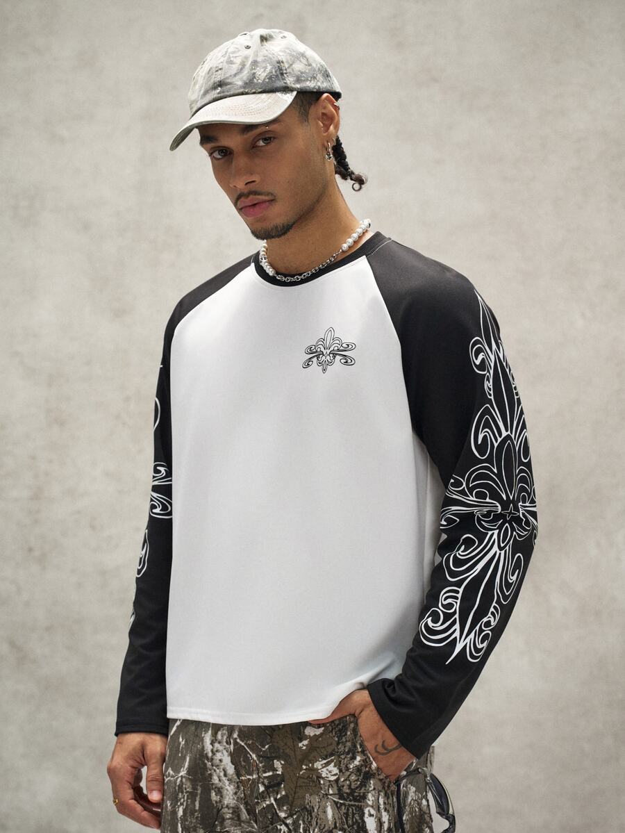 PAVTROS Men's Colorblock Crew Neck Raglan Sleeve Long Sleeve T-Shirt - Letter And Cross Print, Suitable For Daily Life, Travel And Vacation Wear