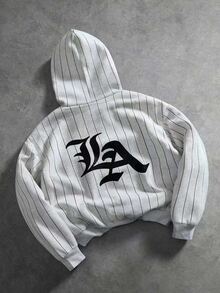 PAVTROS Men's Autumn Streetwear Hooded Sweatshirt, Holiday Back-To-School Season Striped Print Design Hoodie, Street Style - Light Grey - View 2
