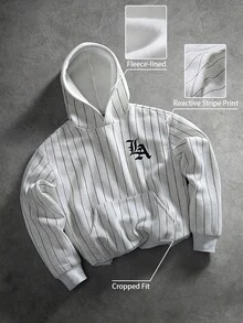 PAVTROS Men's Autumn Streetwear Hooded Sweatshirt, Holiday Back-To-School Season Striped Print Design Hoodie, Street Style - Light Grey - View 3