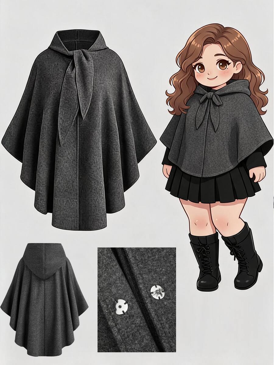 Sweetra Plus Size Punk Hooded Knotted Cape Overcoat Winter - Grey - View 1