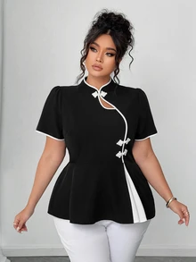 Elenzga Plus Size Peplum Short Sleeve Shirt With Button Placket, Minimalist Daily Top - Black and White - View 4