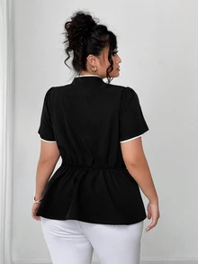 Elenzga Plus Size Peplum Short Sleeve Shirt With Button Placket, Minimalist Daily Top - Black and White - View 2