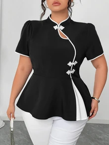 Elenzga Plus Size Peplum Short Sleeve Shirt With Button Placket, Minimalist Daily Top - Black and White - View 5