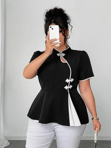 Elenzga Plus Size Peplum Short Sleeve Shirt With Button Placket, Minimalist Daily Top - Black and White - View 6