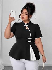 Elenzga Plus Size Peplum Short Sleeve Shirt With Button Placket, Minimalist Daily Top - Black and White - View 7