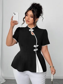 Elenzga Plus Size Peplum Short Sleeve Shirt With Button Placket, Minimalist Daily Top - Black and White - View 9
